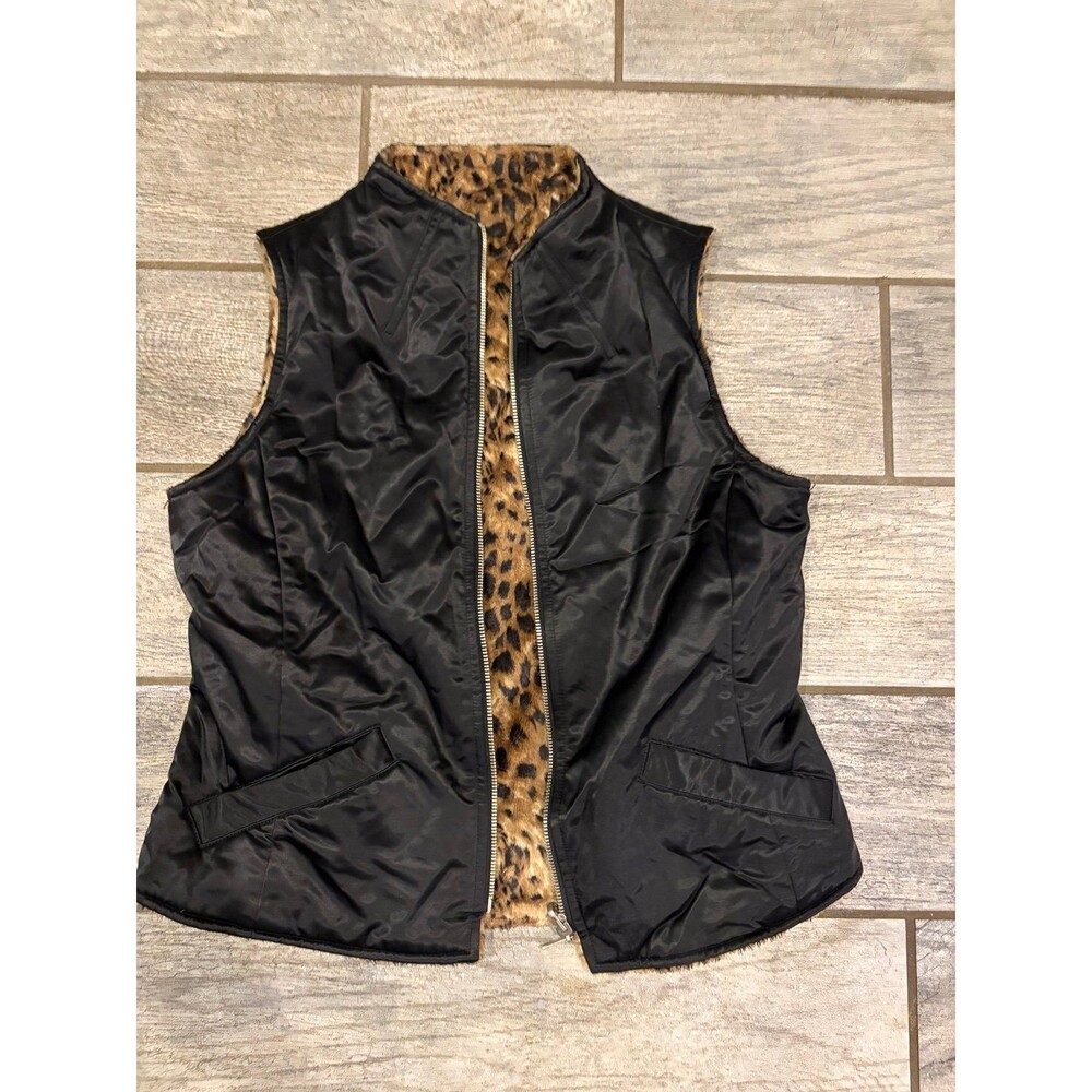 Women’s Reversible Black Nylon & Leopard Faux Fur Vest